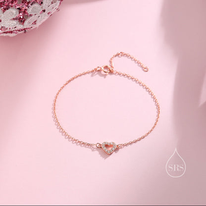 Sterling Silver Open Heart CZ Bracelet, Silver or Gold or Rose gold, Single Heart Bracelet, Cutout Heart Bracelet