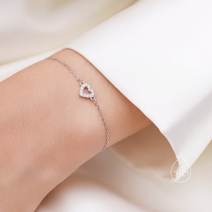 Sterling Silver Open Heart CZ Bracelet, Silver or Gold or Rose gold, Single Heart Bracelet, Cutout Heart Bracelet