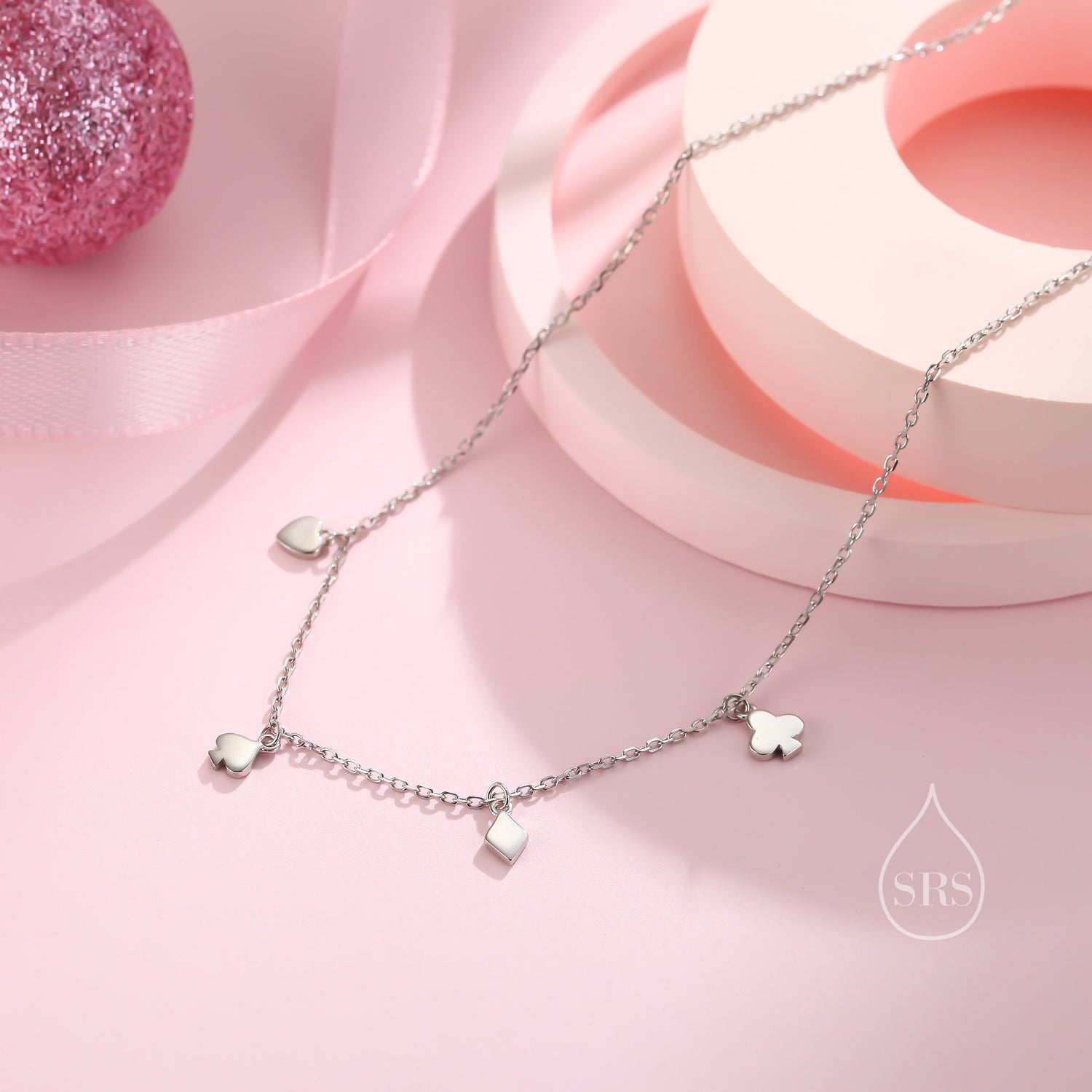 Playing Card Suits Necklace in Sterling Silver, Poker Necklace, Hearts, Spades, Diamonds and Clubs Necklace