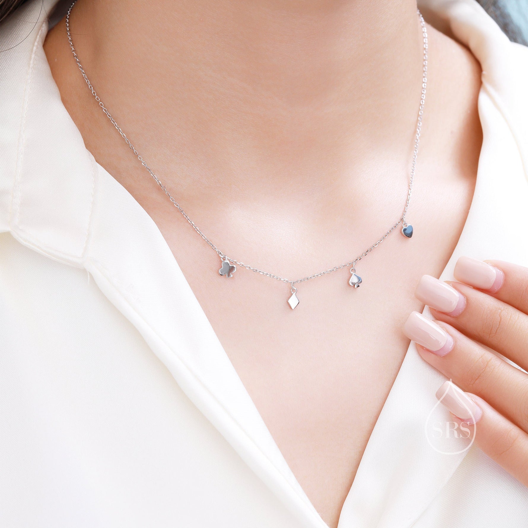 Playing Card Suits Necklace in Sterling Silver, Poker Necklace, Hearts, Spades, Diamonds and Clubs Necklace