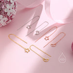 Asymmetric Star and Moon Ear Threaders in Sterling Silver, Delicate Star and Moon Threader Earrings, Dainty Open Star Dangle Earrings