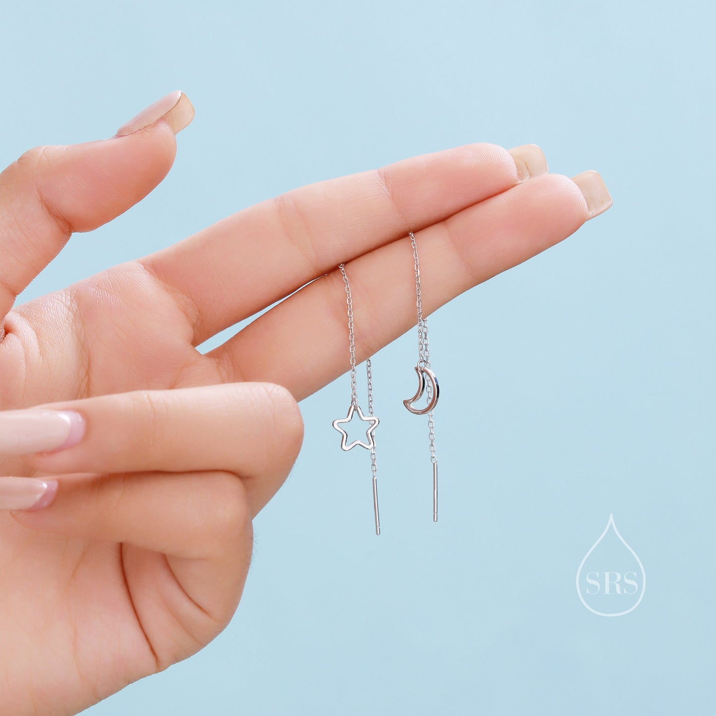 Asymmetric Star and Moon Ear Threaders in Sterling Silver,  Delicate Star and Moon Threader Earrings, Dainty Open Star Dangle Earrings