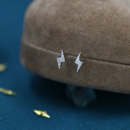 CZ Lightning Bolt Stud Earrings in Sterling Silver, Small Lightning Bolt Earrings, Silver, Gold and Rose Gold, Crystal Stud