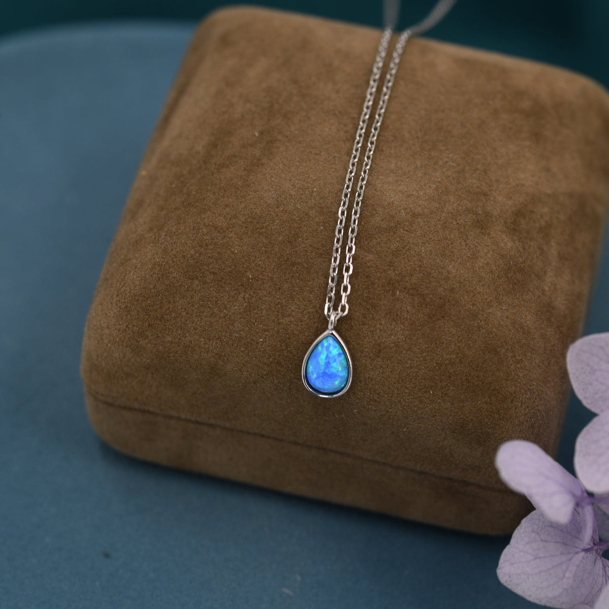 Blue Opal Droplet Pendant Necklace in Sterling Silver, Lab Opal Necklace, Pear Shape Opal Necklace, Fire Opal Necklace