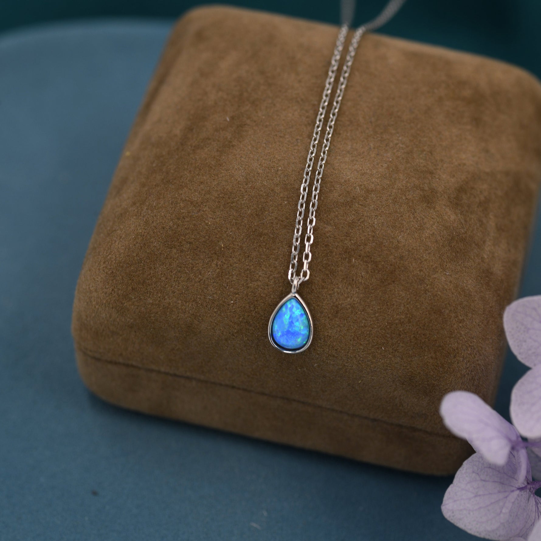 Blue Opal Droplet Pendant Necklace in Sterling Silver, Lab Opal Necklace, Pear Shape Opal Necklace, Fire Opal Necklace