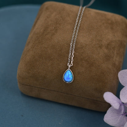 Blue Opal Droplet Pendant Necklace in Sterling Silver, Lab Opal Necklace,  Pear Shape Opal Necklace, Fire Opal Necklace