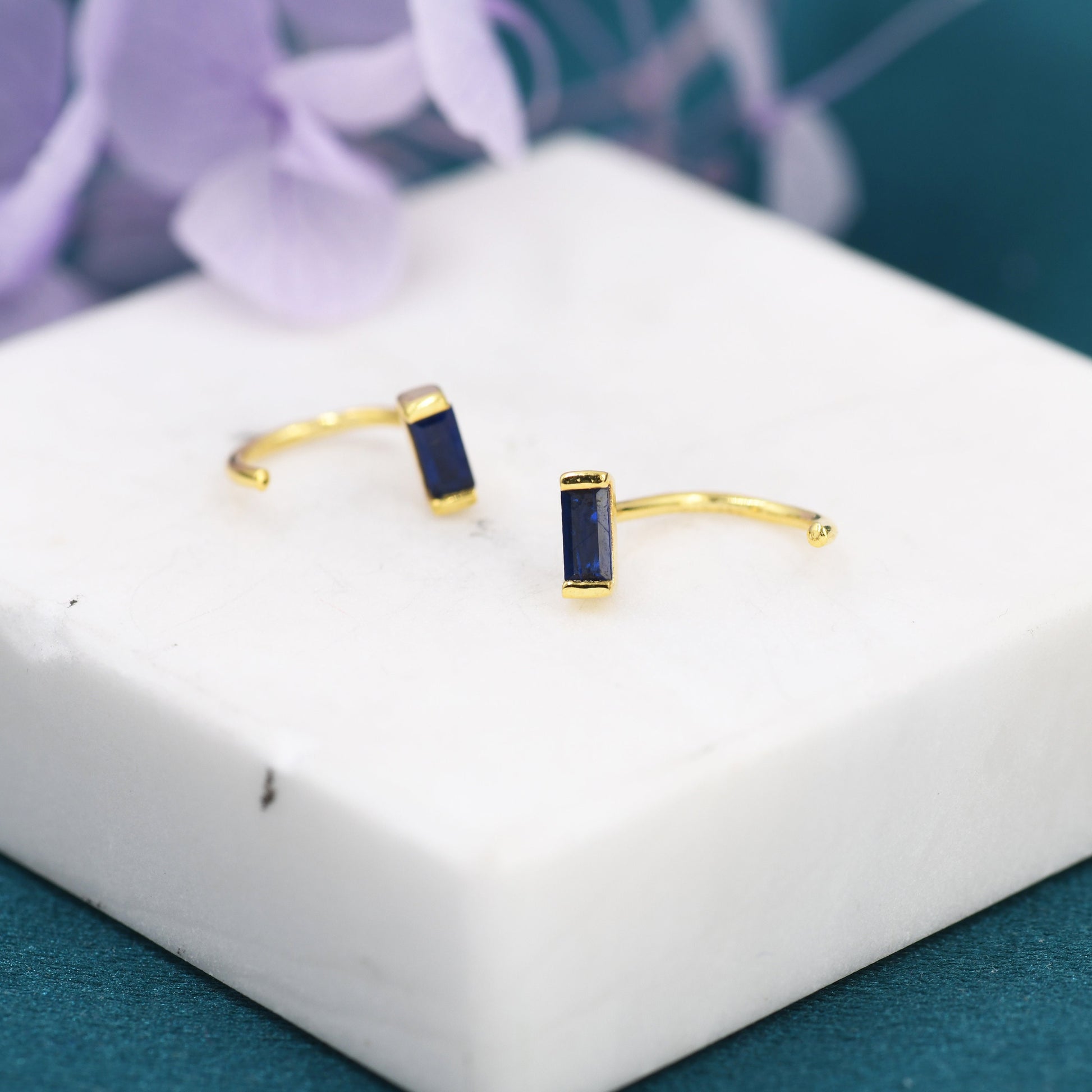 Sapphire Blue Baguette Cut CZ Huggie Hoop Earrings in Sterling Silver, Silver or Gold, Open Hoops, Pull-Through Threader Earrings