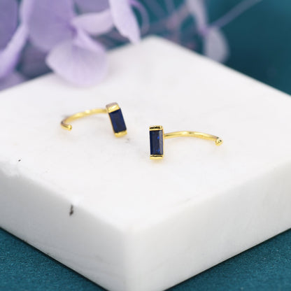 Sapphire Blue Baguette Cut CZ Huggie Hoop Earrings in Sterling Silver, Silver or Gold, Open Hoops, Pull-Through Threader Earrings