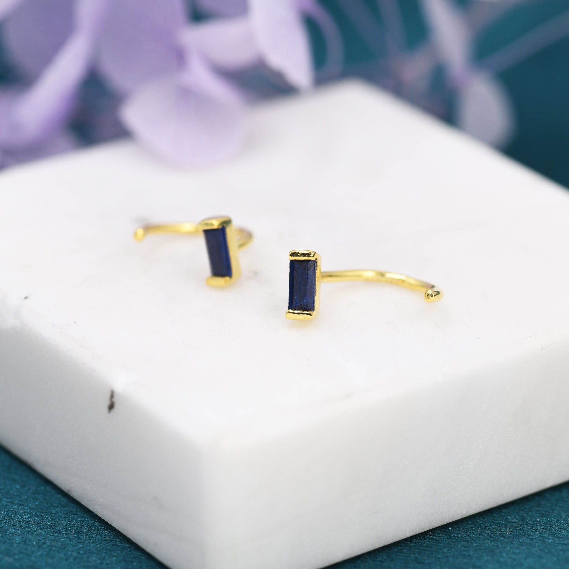 Sapphire Blue Baguette Cut CZ Huggie Hoop Earrings in Sterling Silver, Silver or Gold, Open Hoops, Pull-Through Threader Earrings