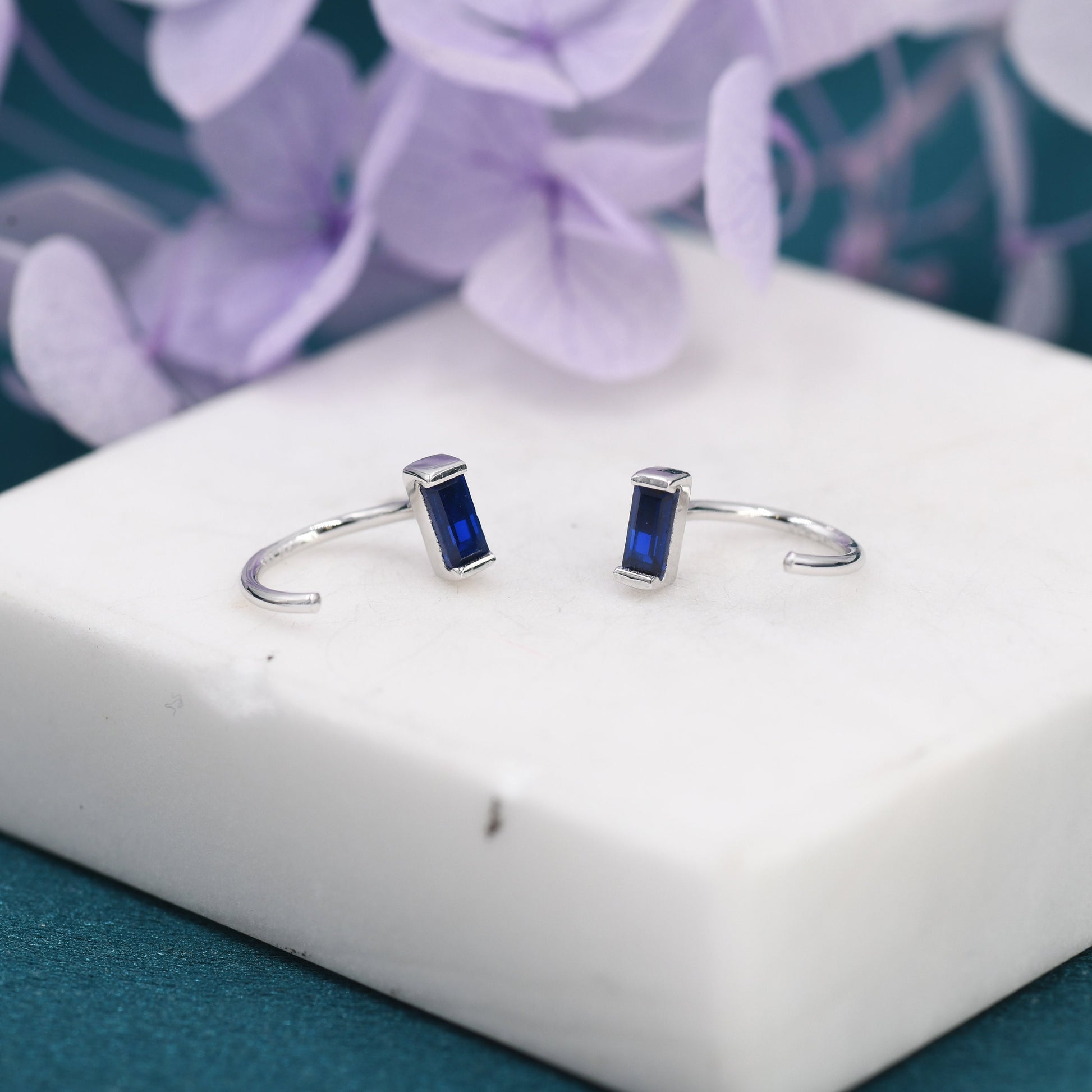 Sapphire Blue Baguette Cut CZ Huggie Hoop Earrings in Sterling Silver, Silver or Gold, Open Hoops, Pull-Through Threader Earrings