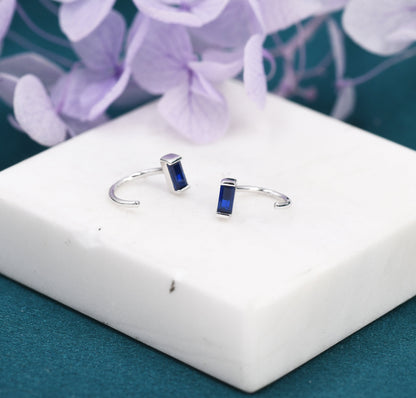 Sapphire Blue Baguette Cut CZ Huggie Hoop Earrings in Sterling Silver, Silver or Gold, Open Hoops, Pull-Through Threader Earrings