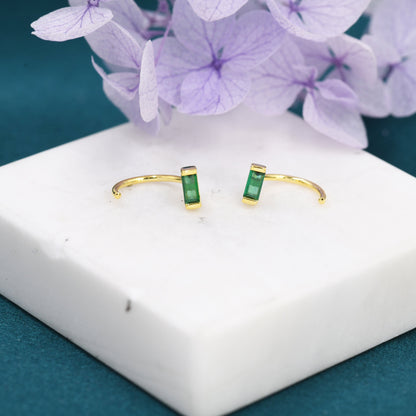 Emerald Green Baguette Cut CZ Huggie Hoop Earrings in Sterling Silver, Silver or Gold, Open Hoops,  Pull-Through Threader Earrings