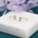 Amethyst Purple Baguette Cut CZ Huggie Hoop Earrings in Sterling Silver, Silver or Gold, Open Hoops, Pull-Through Threader Earrings