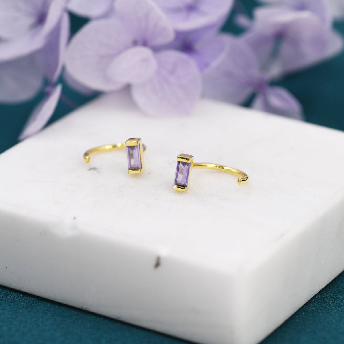 Amethyst Purple Baguette Cut CZ Huggie Hoop Earrings in Sterling Silver, Silver or Gold, Open Hoops, Pull-Through Threader Earrings
