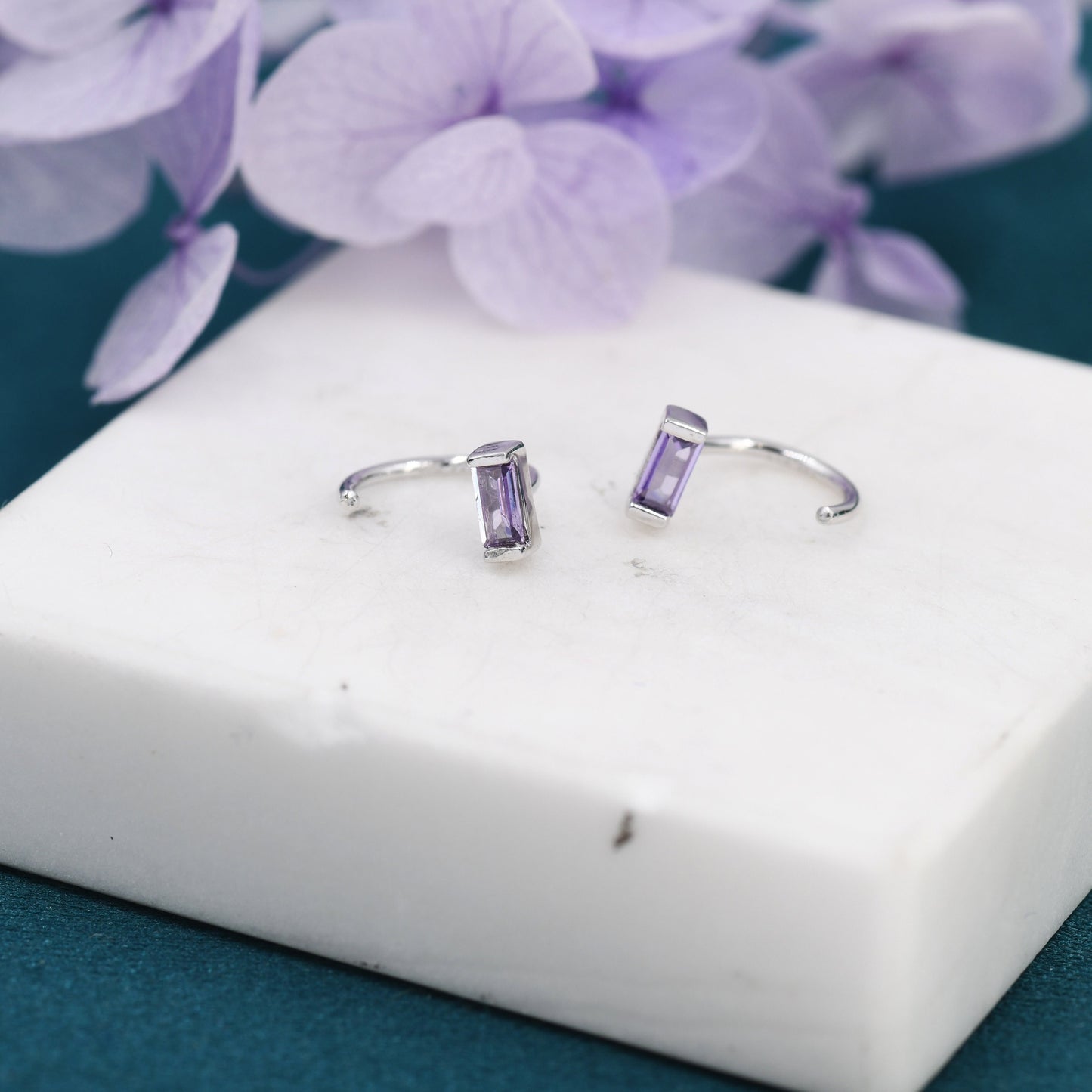 Amethyst Purple Baguette Cut CZ Huggie Hoop Earrings in Sterling Silver, Silver or Gold, Open Hoops,  Pull-Through Threader Earrings