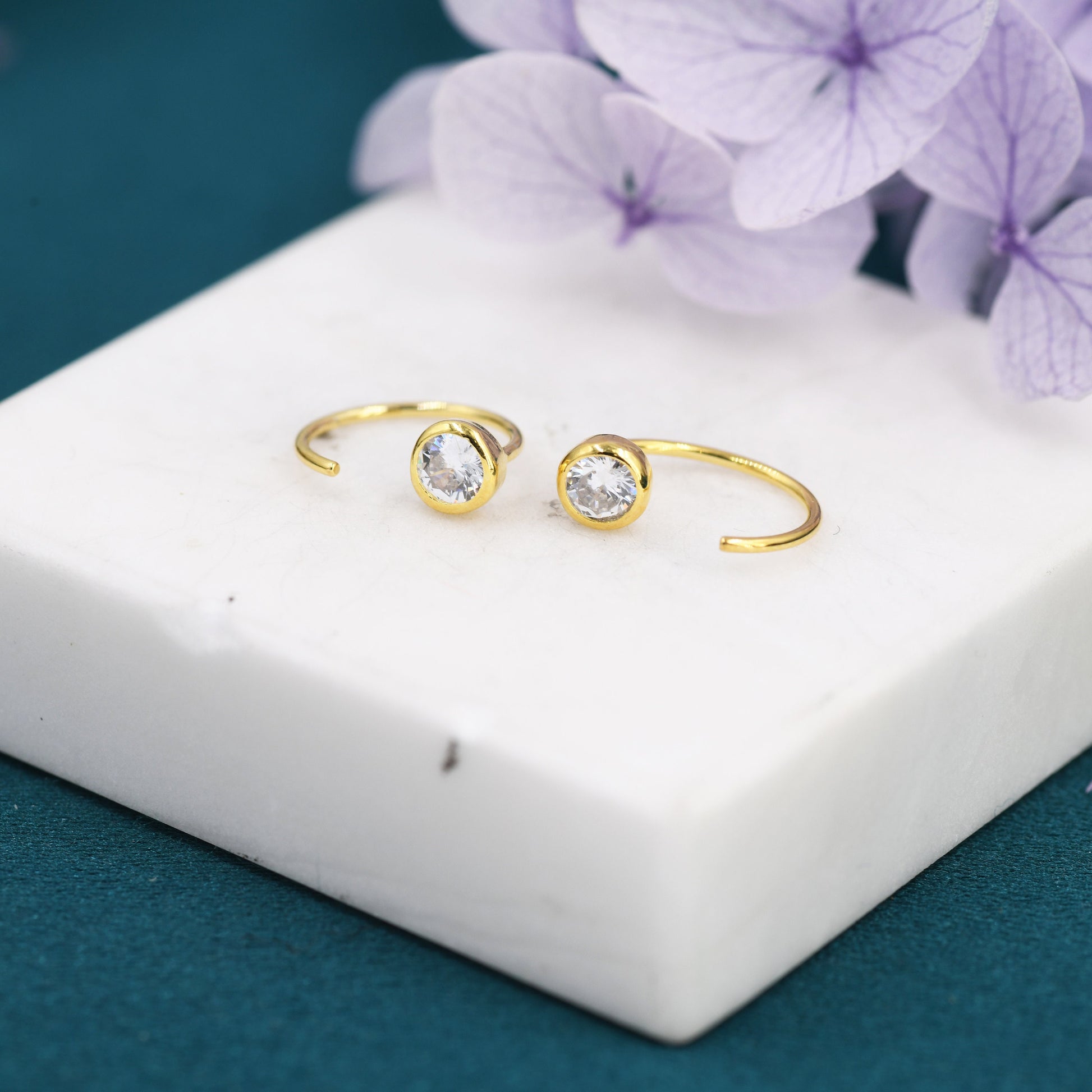 Crystal CZ Huggie Hoop Earrings in Sterling Silver, Silver or Gold or Rose Gold, Half Hoop, Tiny CZ Open Hoop, Pull Through