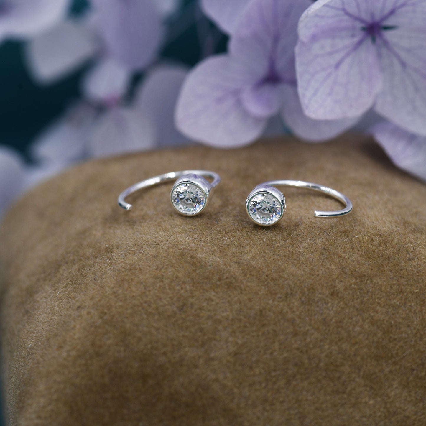 Crystal CZ Huggie Hoop Earrings in Sterling Silver, Silver or Gold or Rose Gold, Half Hoop, Tiny CZ Open Hoop, Pull Through