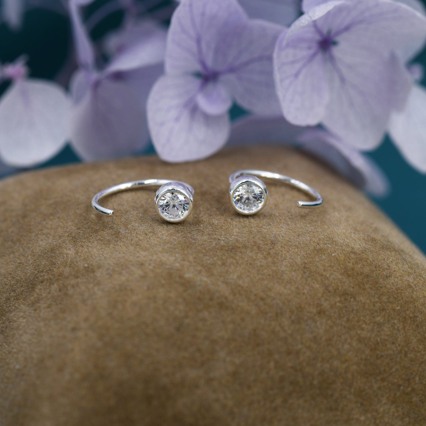 Crystal CZ Huggie Hoop Earrings in Sterling Silver, Silver or Gold or Rose Gold, Half Hoop, Tiny CZ Open Hoop, Pull Through