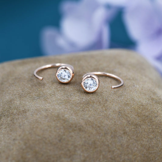 Crystal CZ Huggie Hoop Earrings in Sterling Silver, Silver or Gold or Rose Gold, Half Hoop, Tiny CZ Open Hoop, Pull Through