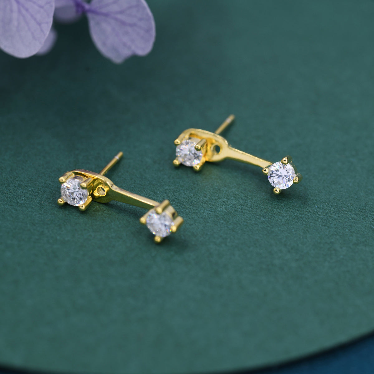 Double CZ Ear Jacket in Sterling Silver, Silver or Gold, Front and Back Earrings, Two Part Earrings
