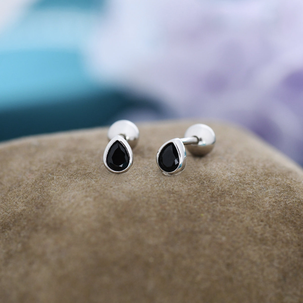 Extra Tiny Black CZ Droplet Screw Back Earrings in Sterling Silver, Silver or Gold, Black CZ Screwback Earrings, Barbell