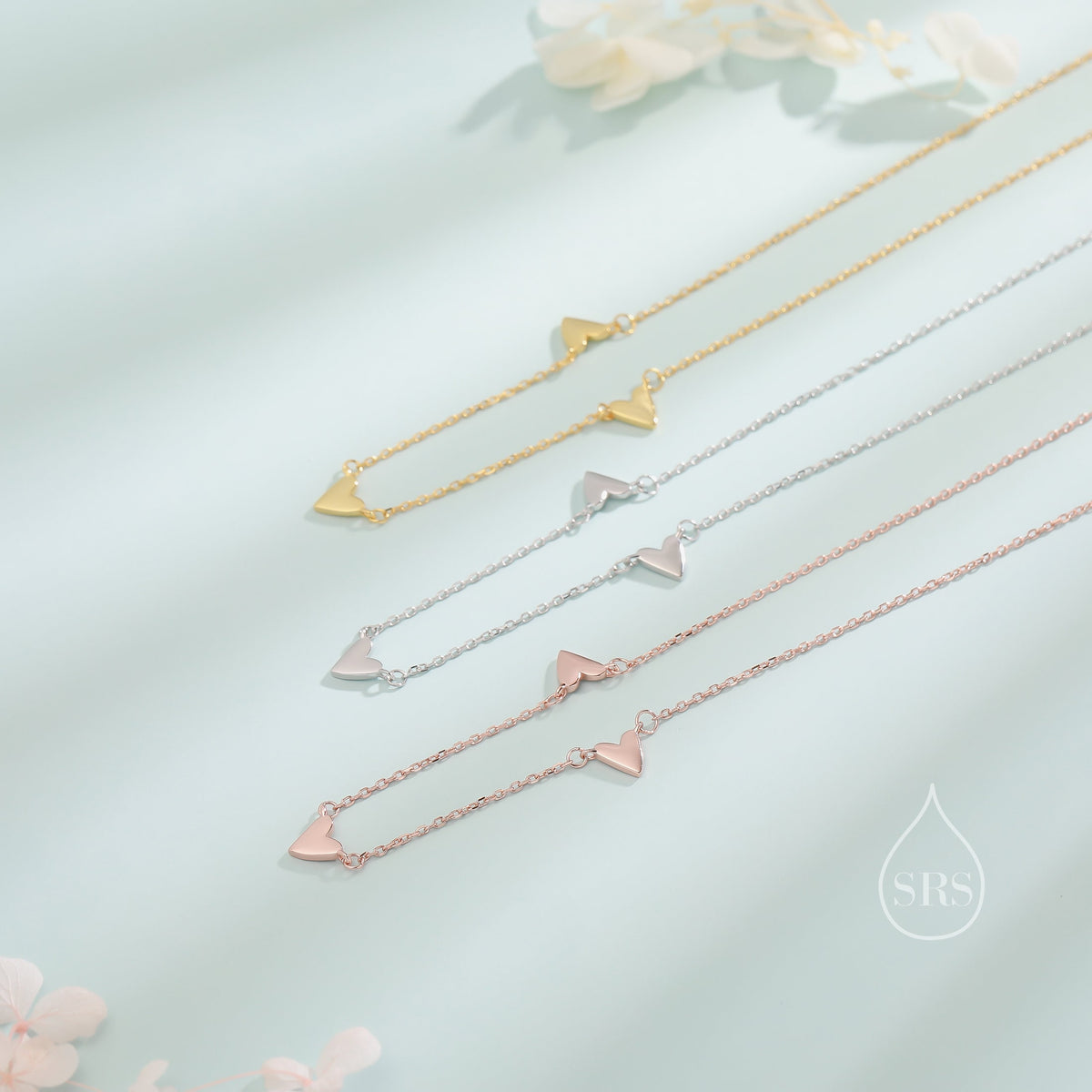 Triple Heart Necklace in Sterling Silver, Tiny Three Heart Necklace, Silver, Gold or Rose Gold, Heart Charm Necklace
