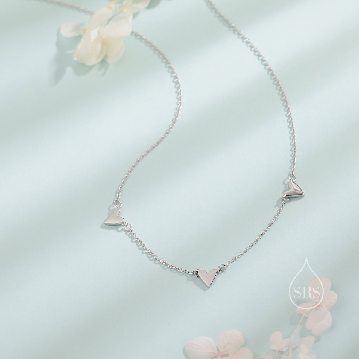 Triple Heart Necklace in Sterling Silver, Tiny Three Heart Necklace, Silver, Gold or Rose Gold, Heart Charm Necklace