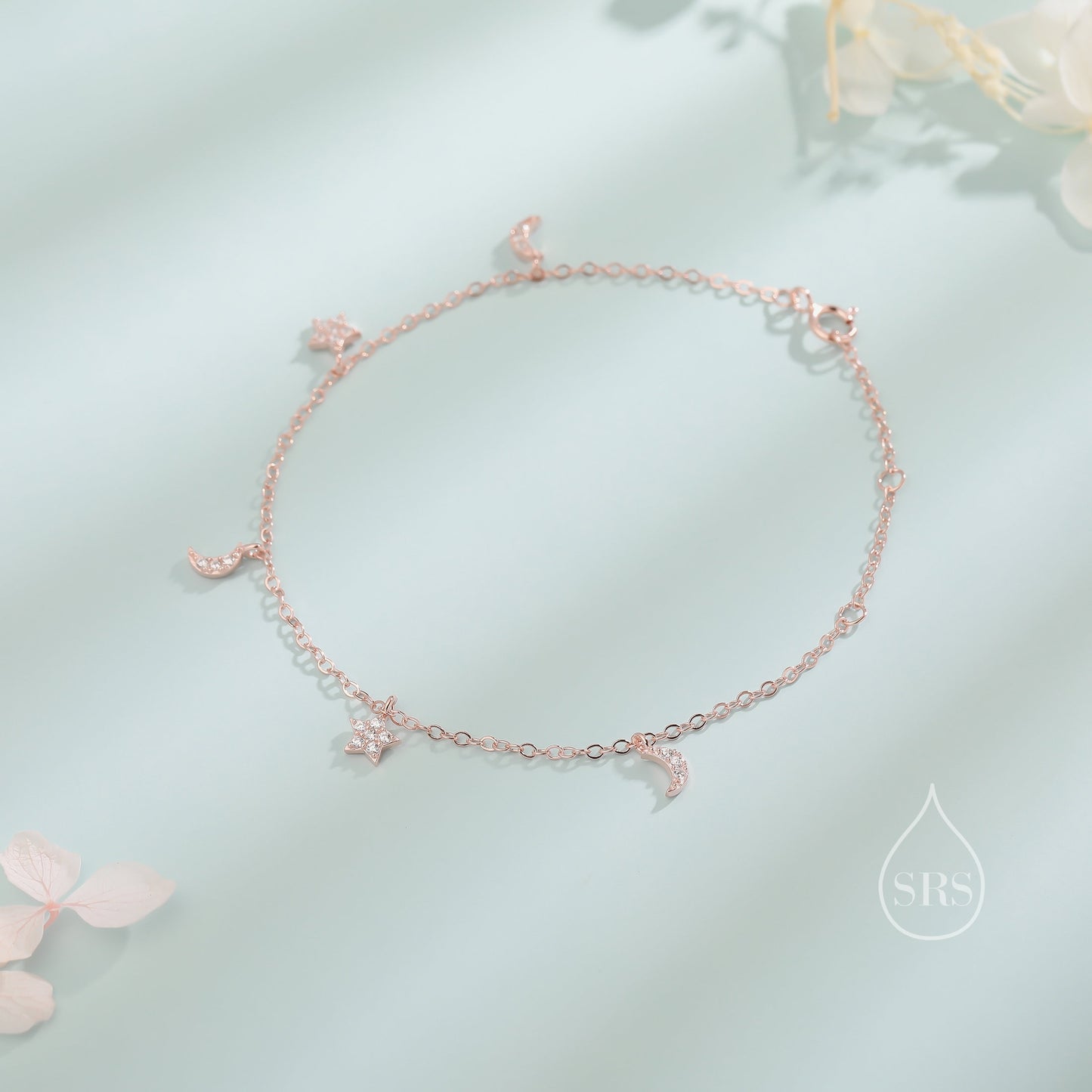 Sterling Silver Tiny CZ Moon and Star Bracelet, Silver or Gold or Rose gold, Moon and Star Charm Bracelet, Celestial Jewellery