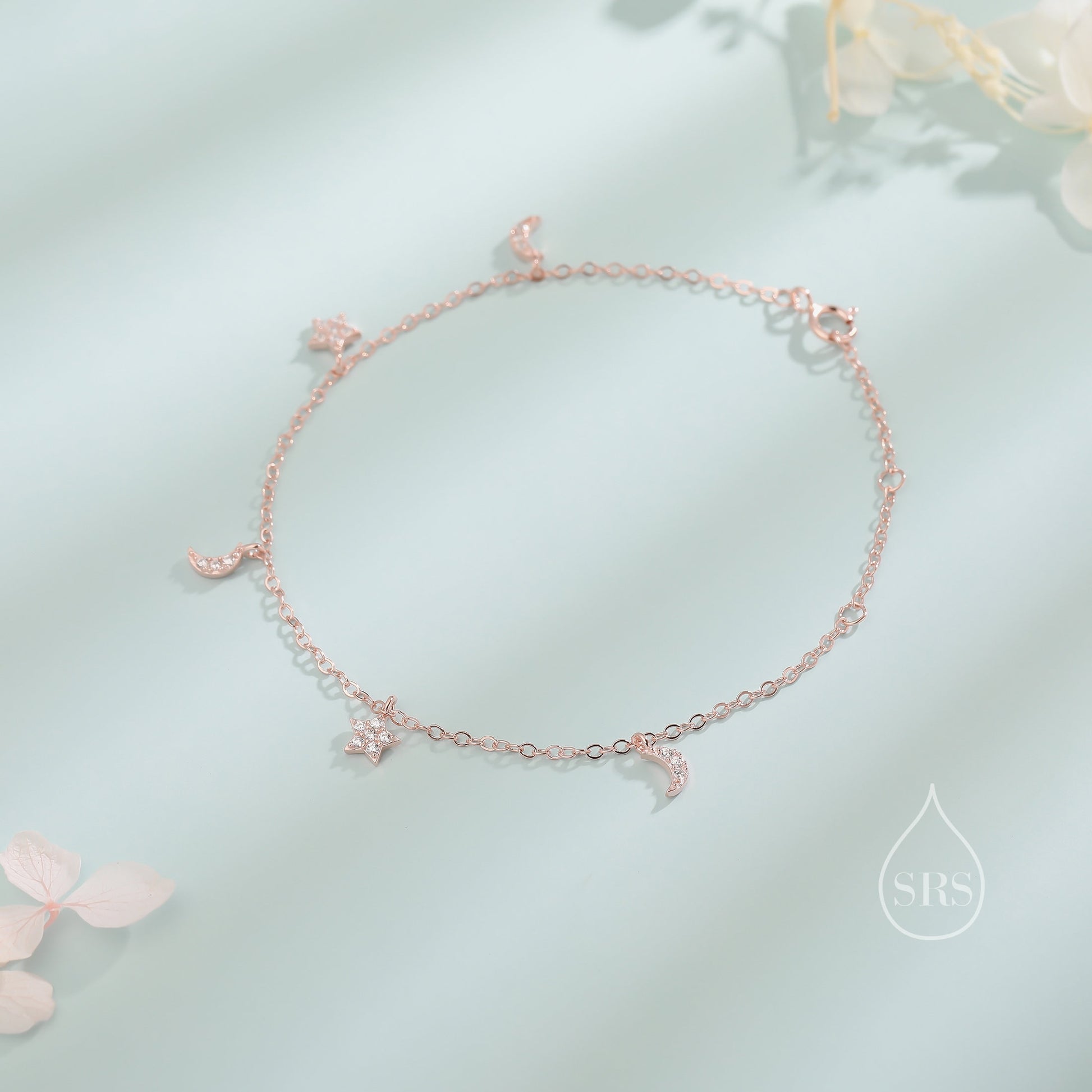 Sterling Silver Tiny CZ Moon and Star Bracelet, Silver or Gold or Rose gold, Moon and Star Charm Bracelet, Celestial Jewellery