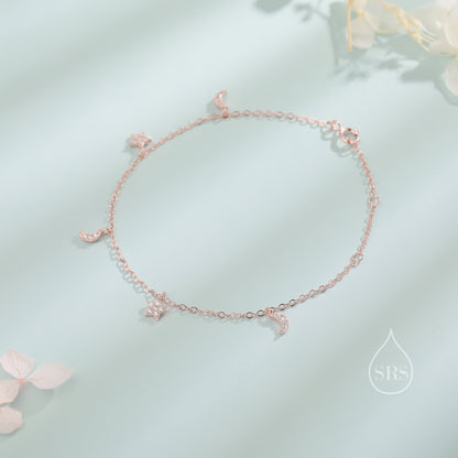 Sterling Silver Tiny CZ Moon and Star Bracelet, Silver or Gold or Rose gold, Moon and Star Charm Bracelet, Celestial Jewellery