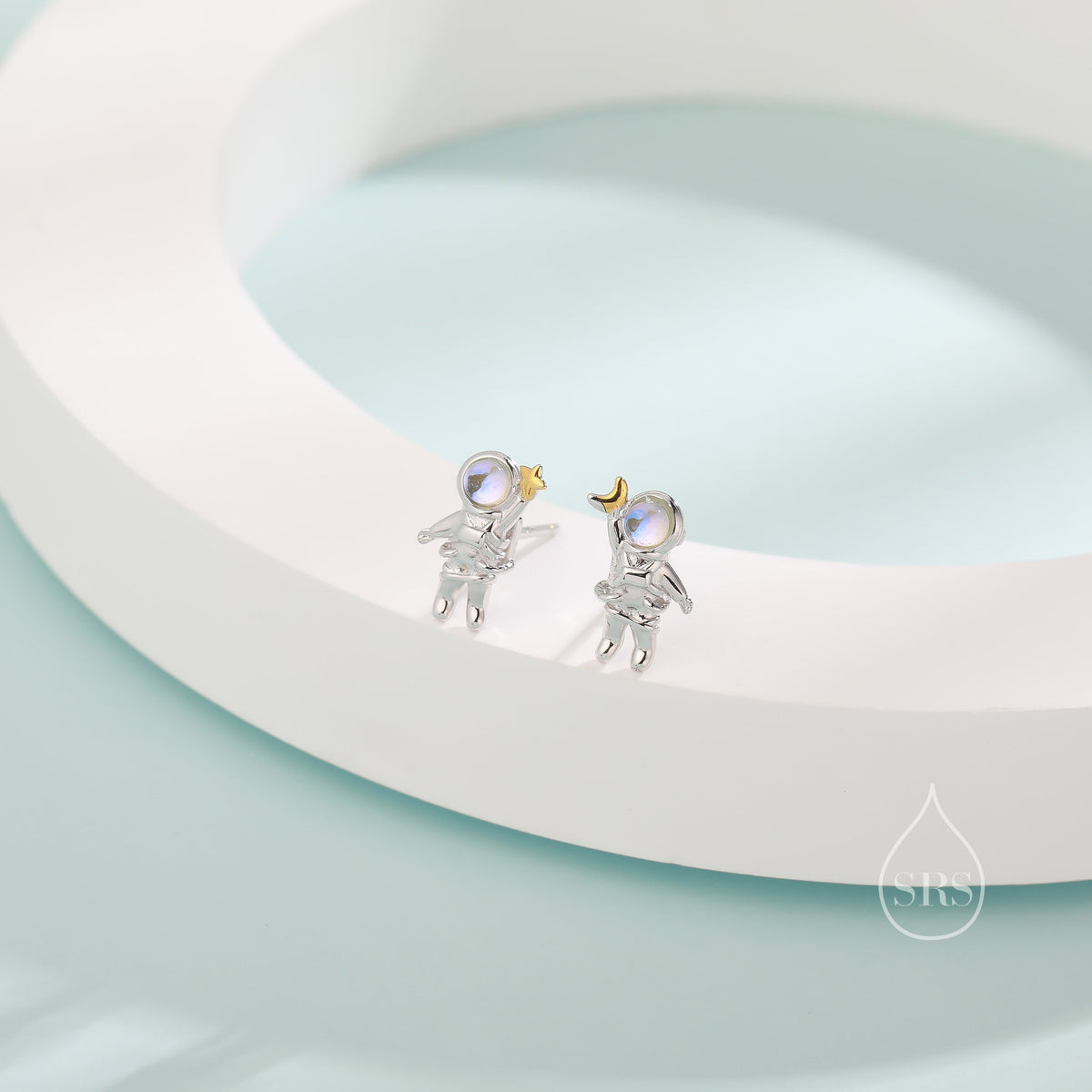 Astronaut Stud Earrings in Sterling Silver with Moonstone, Mismatched Moon and Star Astronaut Earrings, Asymmetric Spaceman Earrings