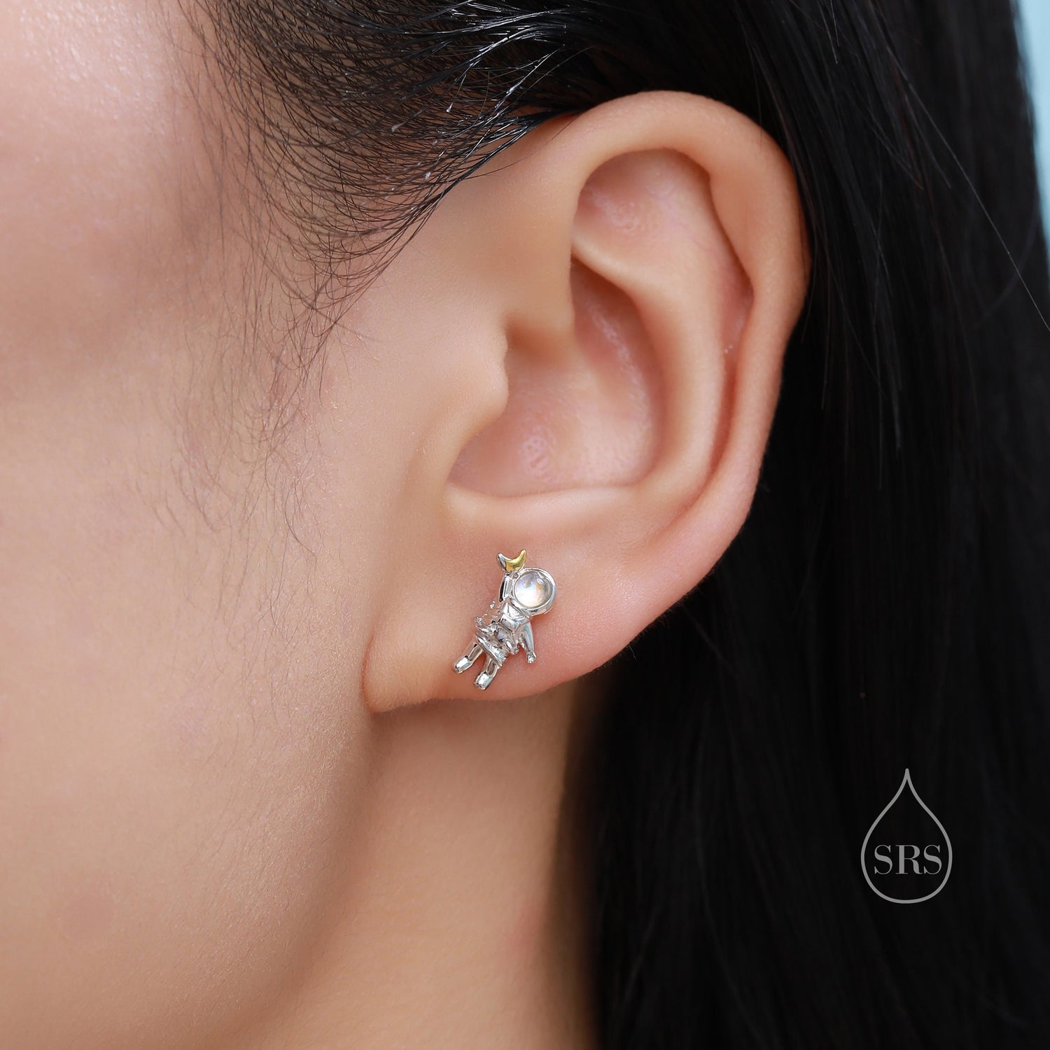 Mismatched Astronaut and Rocket Stud Earrings in Sterling Silver with Lab Moonstone, Asymmetric Rocket and Astronaut Spaceman Earrings