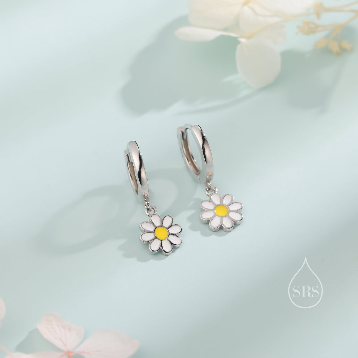 Sterling Silver Enamel Daisy Huggie Hoops, Dainty Dangle Daisy Earrings, Flower Hoops? Daisy Hoop Earrings