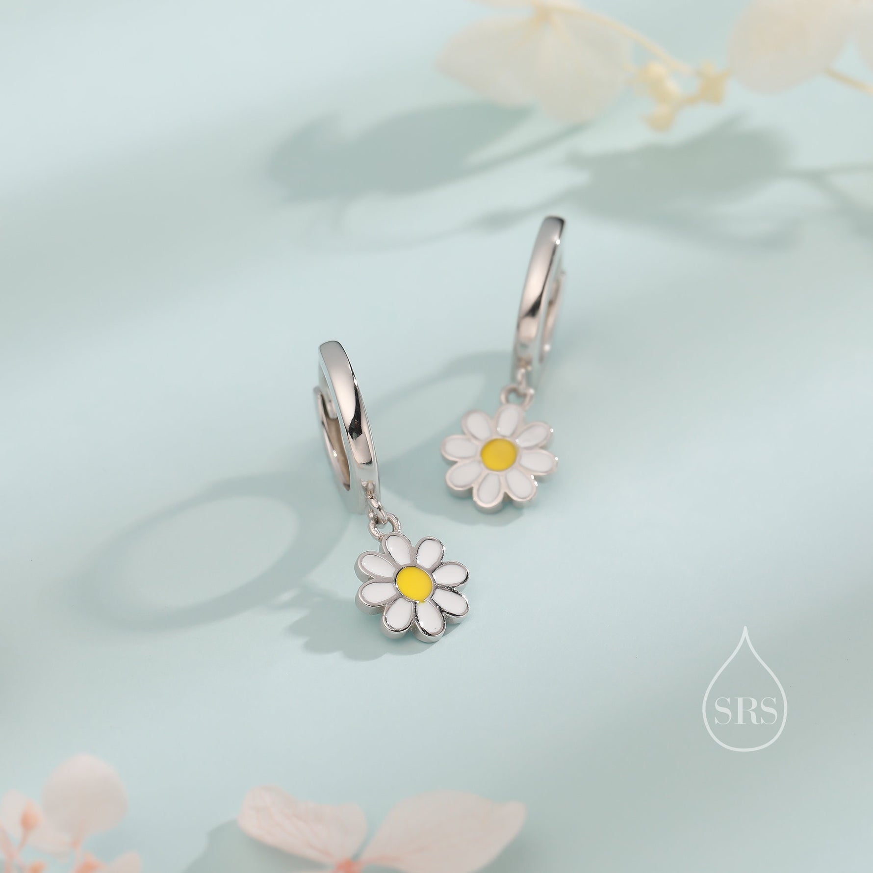 Sterling Silver Enamel Daisy Huggie Hoops, Dainty Dangle Daisy Earrings, Flower Hoops? Daisy Hoop Earrings
