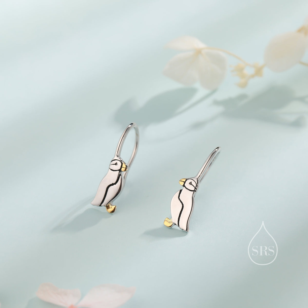 Sterling Silver Puffin Bird Hook Earrings, Puffin Drop Hook Earrings, Dainty Dangle Earrings, Puffin Bird Earrings, Puffin Earrings
