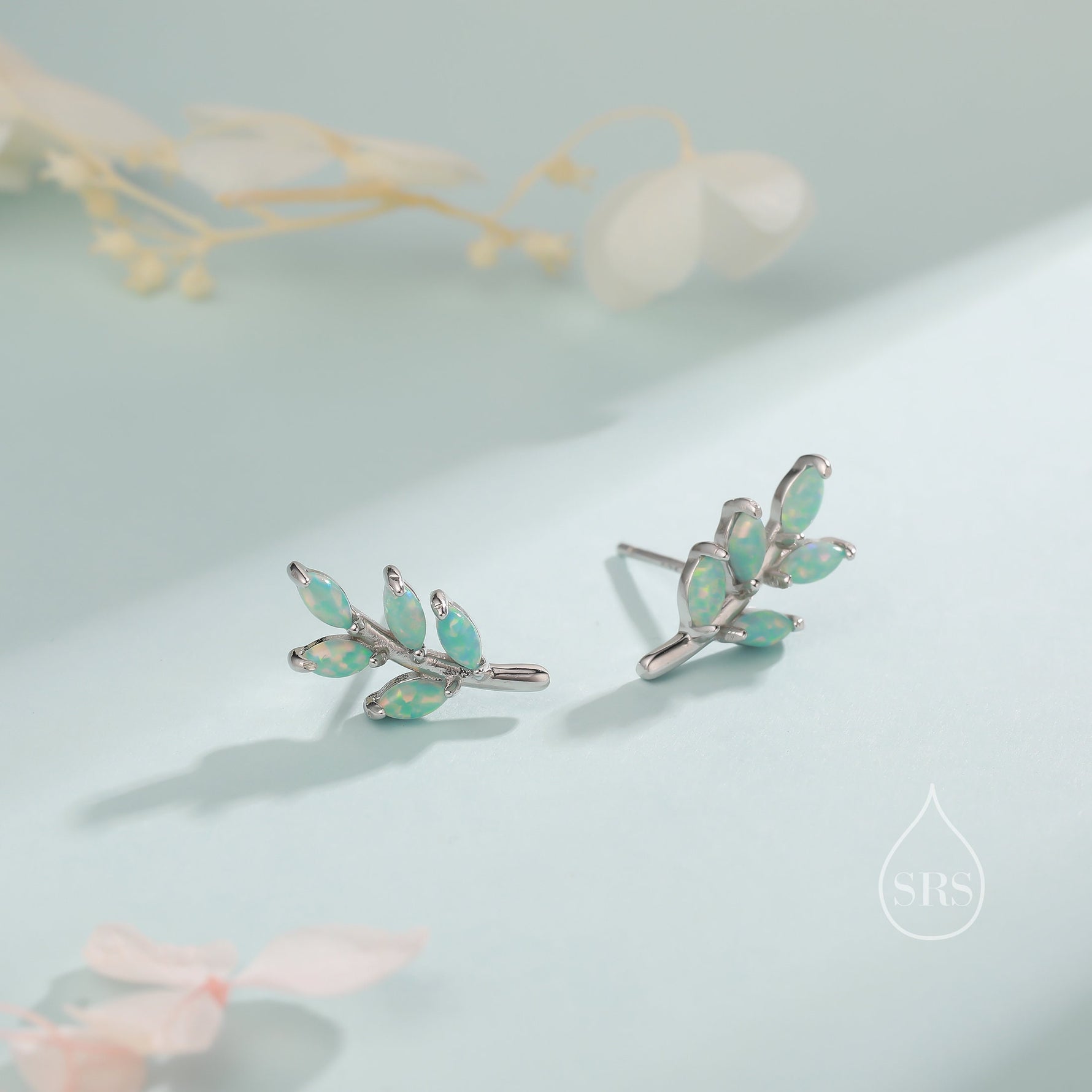 Small Green Opal Leaf Stud Earrings in Sterling Silver, Silver or Gold, Olive Leaf Earrings with Lab Opal, Opal Leaf Earrings