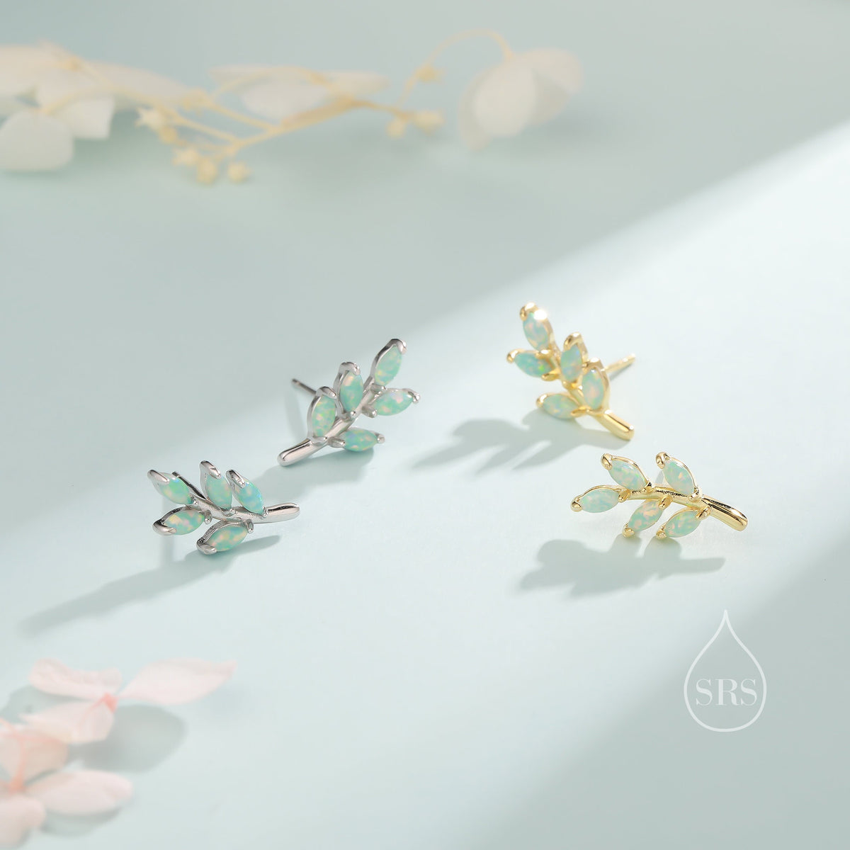 Small Green Opal Leaf Stud Earrings in Sterling Silver, Silver or Gold, Olive Leaf Earrings with Lab Opal, Opal Leaf Earrings