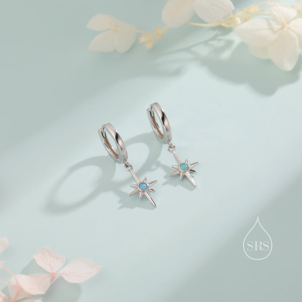 Opal Starburst Huggie Hoop Earrings in Sterling Silver, Blue Opal North Star Drop Earrings, Delicate Blue Opal Star Earrings