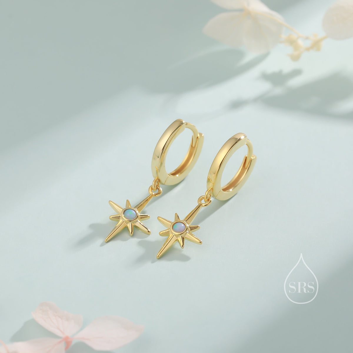 Opal Starburst Huggie Hoop Earrings in Sterling Silver, Blue Opal North Star Drop Earrings, Delicate Blue Opal Star Earrings