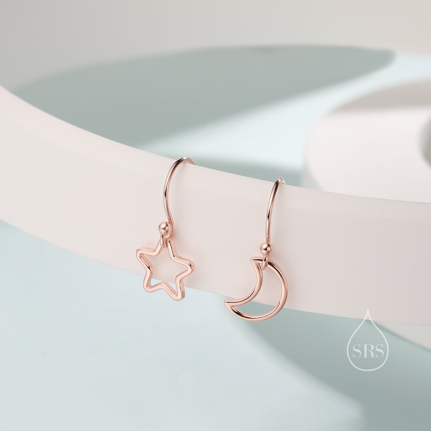 Asymmetric Star and Moon Drop Earrings in Sterling Silver,  Delicate Star and Moon Threader Earrings, Dainty Open Star Dangle Earrings