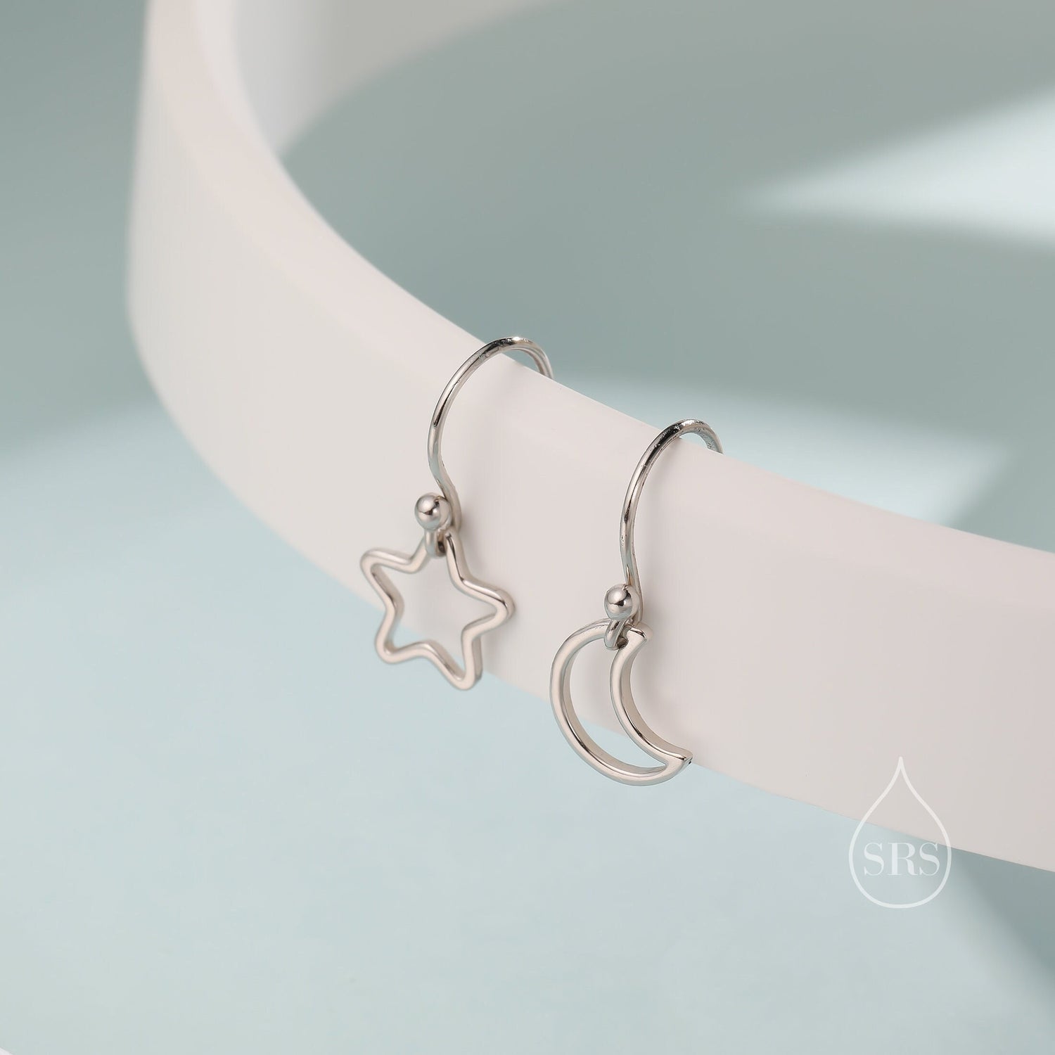 Asymmetric Star and Moon Drop Earrings in Sterling Silver,  Delicate Star and Moon Threader Earrings, Dainty Open Star Dangle Earrings