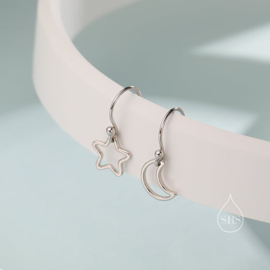 Asymmetric Star and Moon Drop Earrings in Sterling Silver,  Delicate Star and Moon Threader Earrings, Dainty Open Star Dangle Earrings