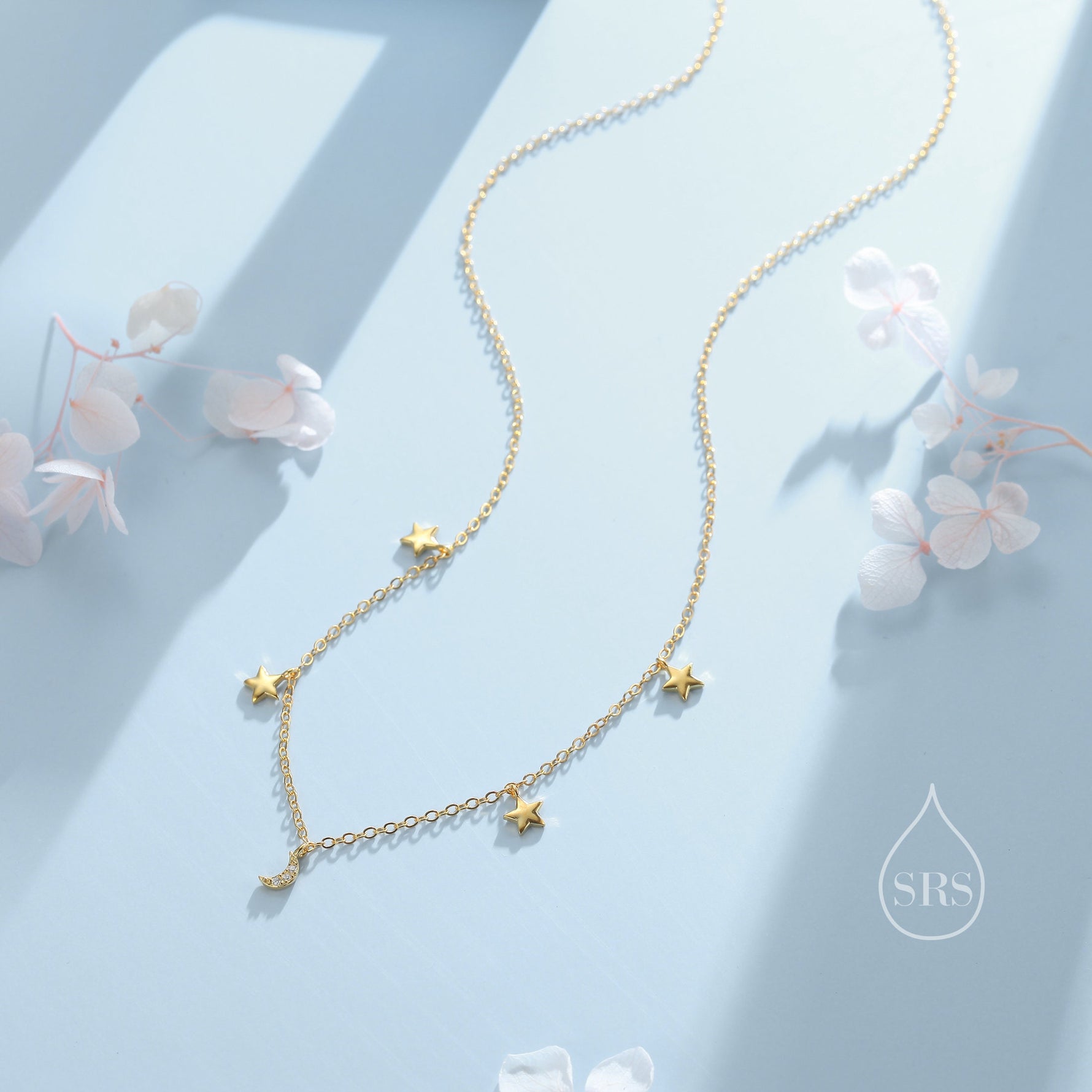 Crescent Moon and Star CZ Charm Necklace in Sterling Silver, Silver or Gold, Star and Moon Necklace, Star Moon Pendant, New Moon Necklace