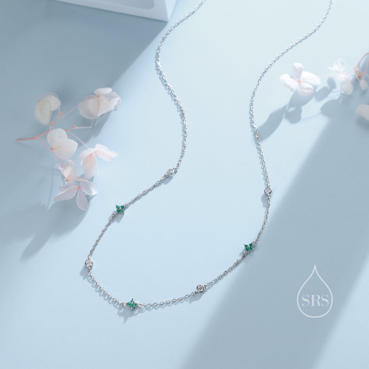 Hydrangea Flower Motif CZ Necklace in Sterling Silver, Silver or Gold, Emerald Green or Clear Three CZ Satellite Crystal Necklace,