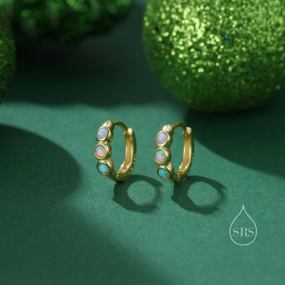 Opal Huggie Hoops in Sterling Silver, 8mm Opal Hoops, Blue Opal or White Opal, Silver or Gold, Dainty Opal Hoops Earrings, Fire Opal Earring