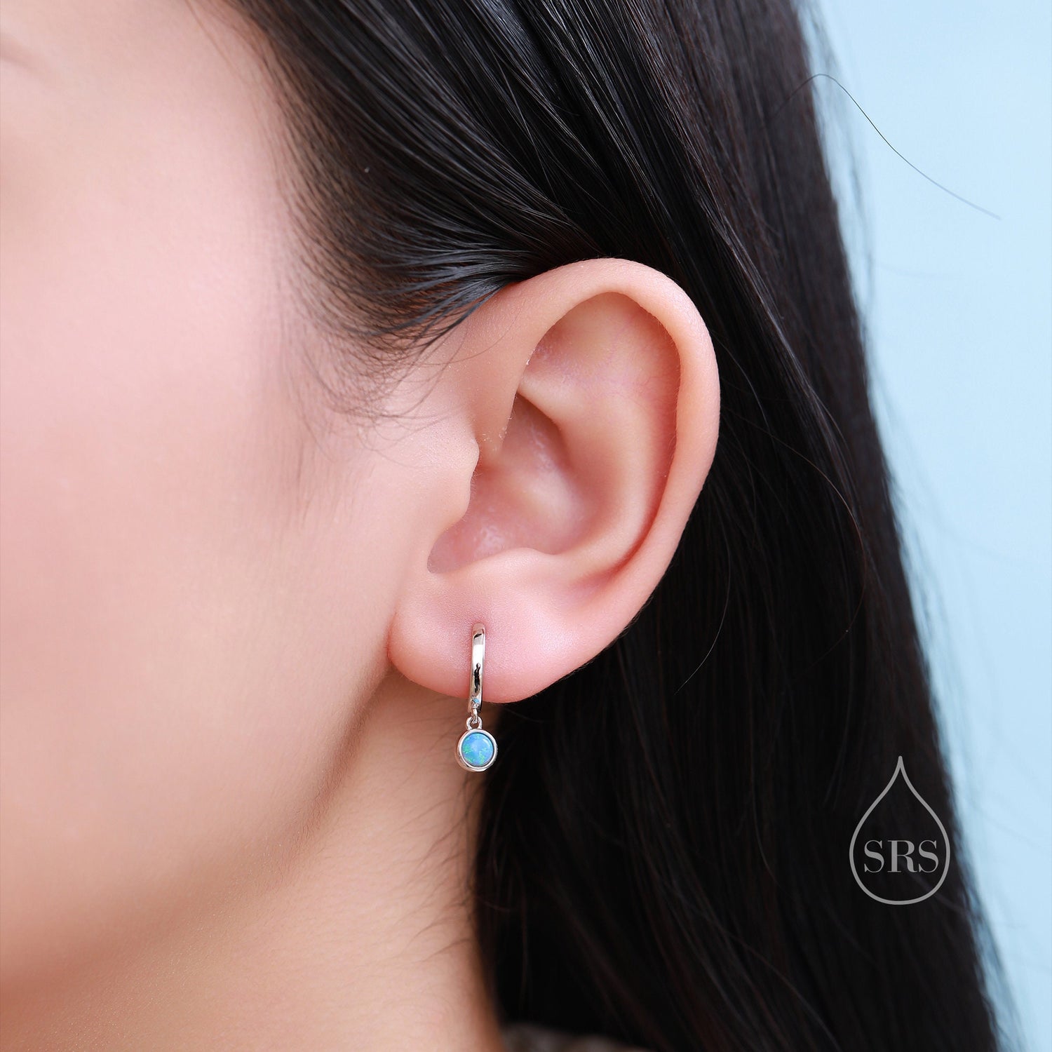 Sterling Silver Dangling 4mm Opal Hoop Earrings, Blue Opal or Fire Opal Charm Dangle Hoop Earrings, Silver or Gold