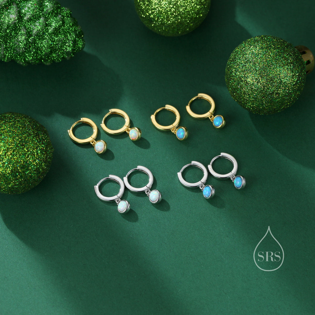 Sterling Silver Dangling 4mm Opal Hoop Earrings, Blue Opal or Fire Opal Charm Dangle Hoop Earrings, Silver or Gold