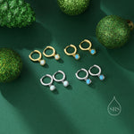Sterling Silver Dangling 4mm Opal Hoop Earrings, Blue Opal or Fire Opal Charm Dangle Hoop Earrings, Silver or Gold
