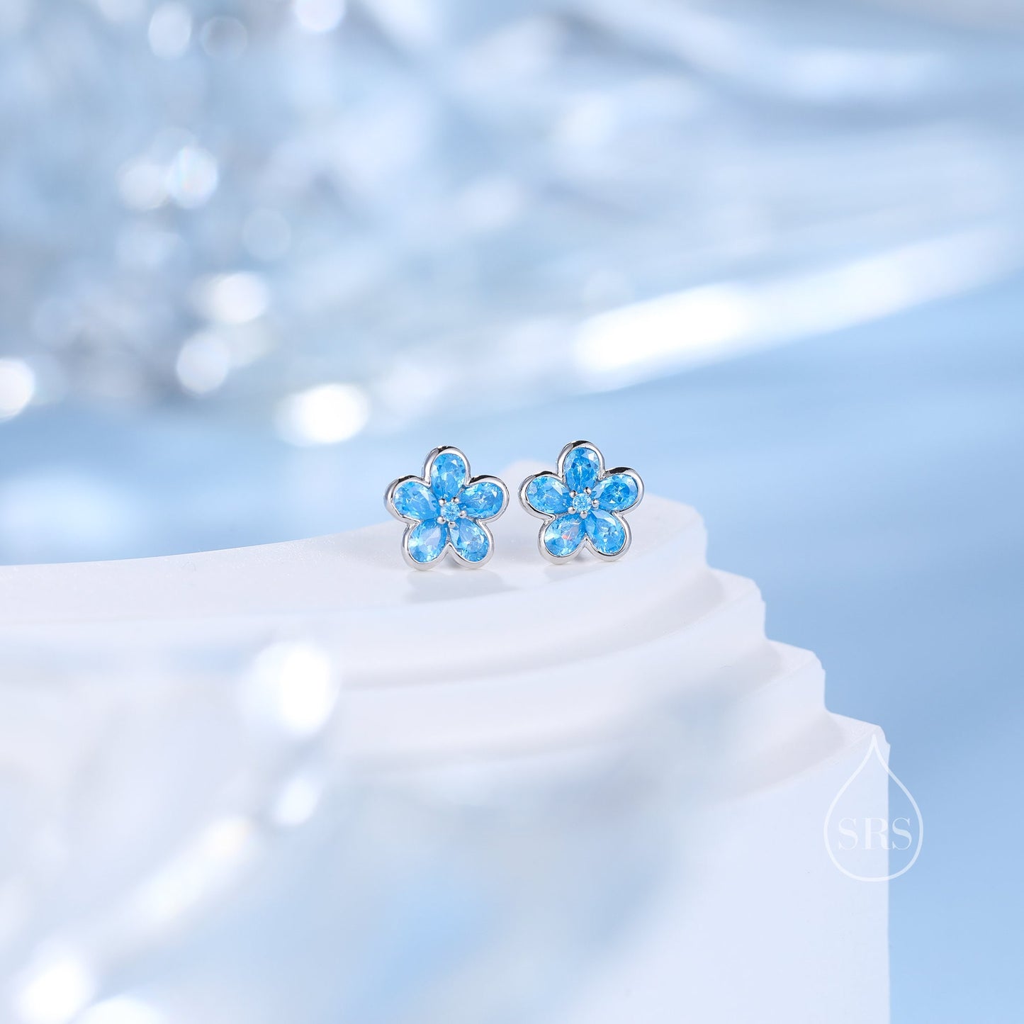 Aquamarine Blue Flower CZ Stud Earrings in Sterling Silver, Forget Me Not Floral CZ Earrings, Flower CZ Earrings