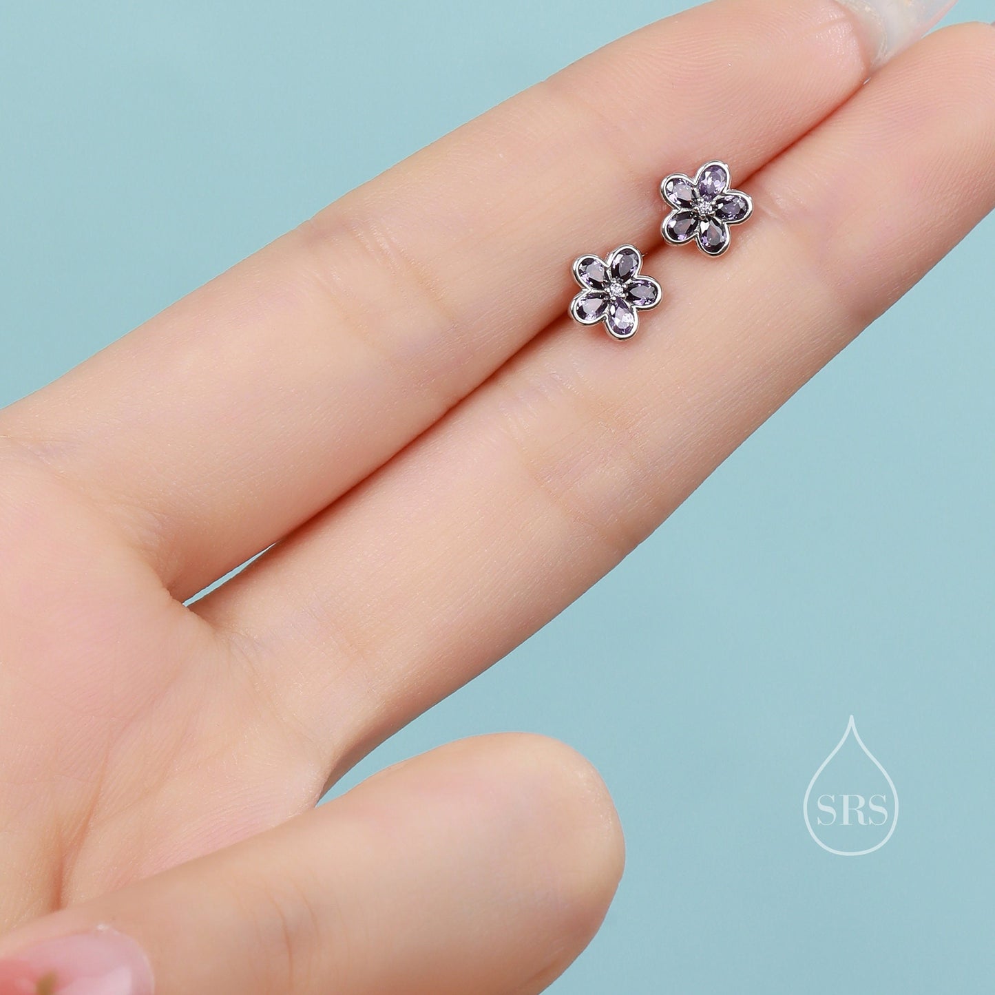Amethyst Purple Flower CZ Stud Earrings in Sterling Silver, Forget Me Not Floral CZ Earrings, Silver or Gold, Flower CZ Earrings